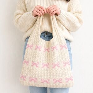NEW Zenana Cream Pink Bow Knit Tote Bag Coquette Cottagecore Boutique